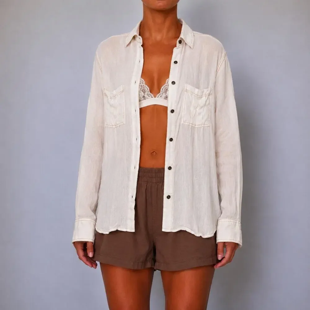 Free People Coastal Ivory Contrast Stitch Oversized Button Down Coverup Size S-L